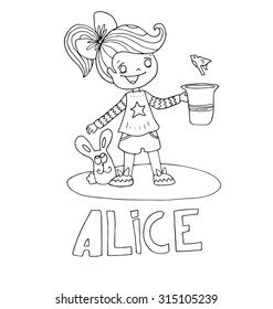 The simple outline drawing for coloring with the image of children of different name characters and education