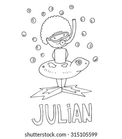 The simple outline drawing for coloring with the image of children of different name characters and education