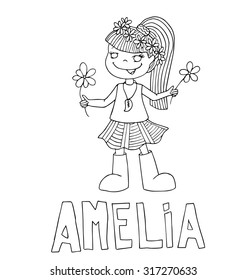 The simple outline drawing for coloring with the image of children of different name characters and education