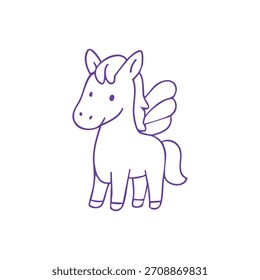Un dibujo de contorno simple de un lindo caballo de dibujos animados alado en púrpura sobre un fondo blanco.
