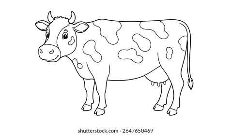 Simple outline drawing of a farm cow with noticeable unique spots great for kids coloring activities