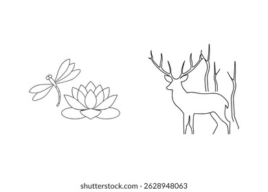 Desenho simples com uma libélula e flor de lótus ao lado de um veado na floresta