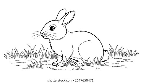 Desenho simples de contorno de um coelho fofo aninhado confortavelmente dentro de uma mancha de prado gramado