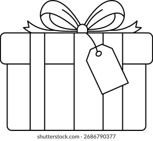 Simple outline drawing of a gift box with ribbon and tag present