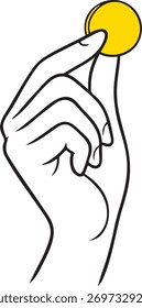Simple outline drawing of a hand holding a coin. Ideal for finance themes, savings, investment advertising.