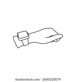Simple outline drawing of a hand wearing a digital wristband. Fitness tracking and smart technology
