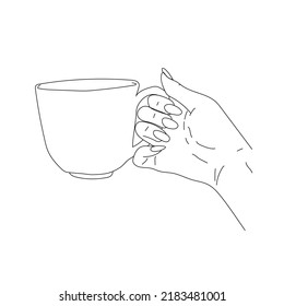 A simple outline drawing of the hands holding a cup. Vector black and white sketch of giving hands isolated on transparent background