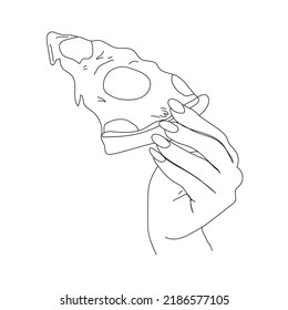 A simple outline drawing of the hands holding a pizza. Vector black and white sketch of giving hands isolated on transparent background	