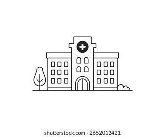 Simple outline drawing of a hospital building with a tree and bush isolated on white background