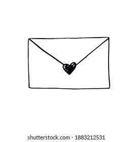 Simple outline drawing of a love letter. Hand drawn. Design element for greeting card, Valentine's day, birthday, wedding, coloring