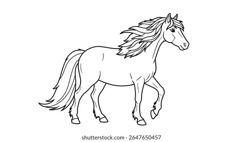 Desenho de contorno simples de um cavalo majestoso com uma bela juba fluindo perfeito para atividades de coloração
