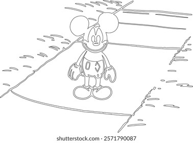 Simple outline drawing of a mickey-mouse-drawing-with-chalk-on-a-sidewalk, crafting, and educational use