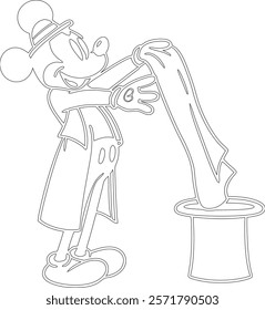 Simple outline drawing of a mickey-mouse-dressed-as-a-magician--pulling-a-sca , crafting, and educational use