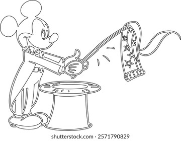 Simple outline drawing of a mickey-mouse-dressed-as-a-magician--pulling-a-sca , crafting, and educational use