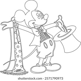 Simple outline drawing of a mickey-mouse-dressed-as-a-magician--pulling-a-sca , crafting, and educational use