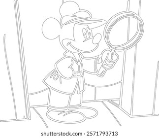 Simple outline drawing of a mickey-mouse-exploring-with-a-magnifying-glass--li , crafting, and educational use