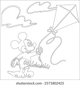 Simple outline drawing of a mickey-mouse-flying-a-kite--looking-up-at-the-sky perfect for coloring, crafting, and educational use