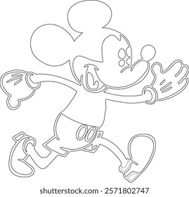 Simple outline drawing of a mickey-mouse-flying-a-kite--looking-up-at-the-sky perfect perfect for coloring, crafting, and educational use