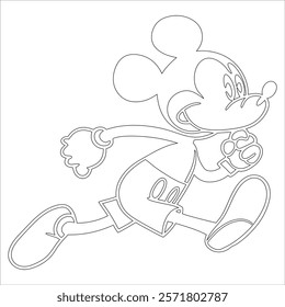 Simple outline drawing of a mickey-mouse-flying-a-kite--looking-up-at-the-sky perfect perfect for coloring, crafting, and educational use