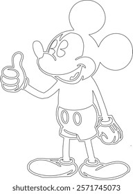 Simple outline drawing of a mickey-mouse-giving-a-thumbs-up-with-a-big-grin, perfect for coloring, crafting, and educational use