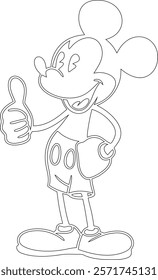 Simple outline drawing of a mickey-mouse-giving-a-thumbs-up-with-a-big-grin, perfect for coloring, crafting, and educational use