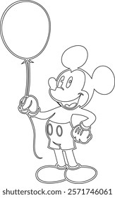 Simple outline drawing of a mickey-mouse-holding-a-balloon-in-one-hand--smilin , perfect for coloring, crafting, and educational use