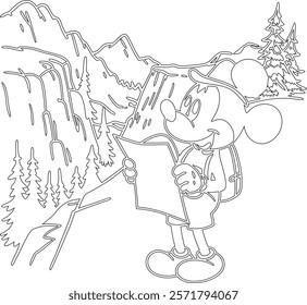 Simple outline drawing of a mickey-mouse-holding-a-map-and-looking-like-an-adv , crafting, and educational use