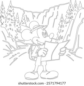 Simple outline drawing of a mickey-mouse-holding-a-map-and-looking-like-an-adv , crafting, and educational use