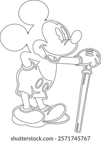 Simple outline drawing of a mickey-mouse-is-leaning-on-a-cane-or-stick-and-loo, perfect for coloring, crafting, and educational use