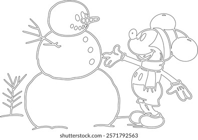 Simple outline drawing of a mickey-mouse-making-a-snowman--bundled-up-in-a-sca , crafting, and educational use