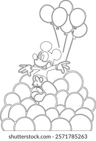 Simple outline drawing of a mickey-mouse-playing-in-a-pile-of-colorful-balloo ,  perfect for coloring, crafting, and educational use