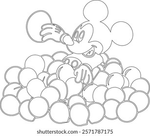 Simple outline drawing of a mickey-mouse-playing-in-a-pile-of-colorful-balloon  ,  perfect for coloring, crafting, and educational use