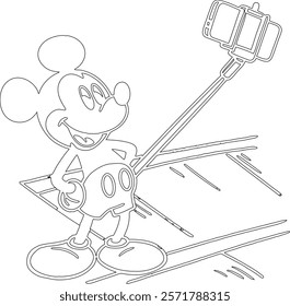 Simple outline drawing of a mickey-mouse-playing-in-a-pile-of-colorful-balloon ,  perfect for coloring, crafting, and educational use