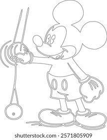 Simple outline drawing of a mickey-mouse-playing-with-a-yo-yo--showing-tricks  perfect for coloring, crafting, and educational use