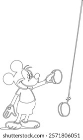 Simple outline drawing of a mickey-mouse-playing-with-a-yo-yo--showing-tricks  perfect for coloring, crafting, and educational use