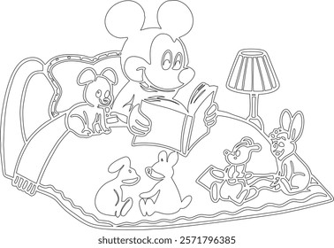 Simple outline drawing of a mickey-mouse-reading-a-bedtime-story-to-a-group-of'  perfect for coloring, crafting, and educational use