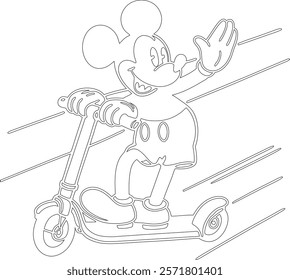 Simple outline drawing of a mickey-mouse-riding-a-scooter--waving-one-hand  perfect for coloring, crafting, and educational use