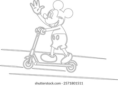 Simple outline drawing of a mickey-mouse-riding-a-scooter--waving-one-hand  perfect for coloring, crafting, and educational use