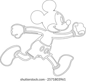 Simple outline drawing of a mickey-mouse-runing-position  perfect for coloring, crafting, and educational use