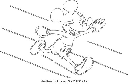 Simple outline drawing of a mickey-mouse-running-position  perfect for coloring, crafting, and educational use