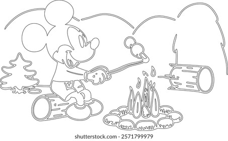 Simple outline drawing of a mickey-mouse-sitting-by-a-campfire--roasting-marsh'  perfect for coloring, crafting, and educational use