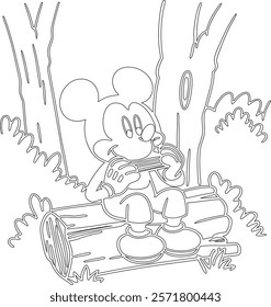 Simple outline drawing of a mickey-mouse-sitting-on-a-log--playing-a-harmonica  perfect for coloring, crafting, and educational use