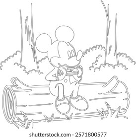 Simple outline drawing of a mickey-mouse-sitting-on-a-log--playing-a-harmonica  perfect for coloring, crafting, and educational use