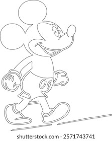 Simple outline drawing of a mickey-mouse-sitting-on-a-small-stool--holding, perfect for coloring, crafting, and educational use