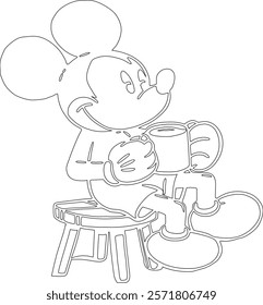 Simple outline drawing of a mickey-mouse-sitting-on-a-small-stool--holding-a-c  perfect for coloring, crafting, and educational use