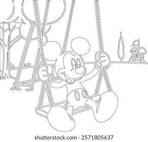 Simple outline drawing of a mickey-mouse-sitting-on-a-swing--looking-happy  perfect for coloring, crafting, and educational use