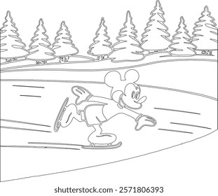 Simple outline drawing of a mickey-mouse-sliding-on-ice-with-ice-skates  perfect for coloring, crafting, and educational use