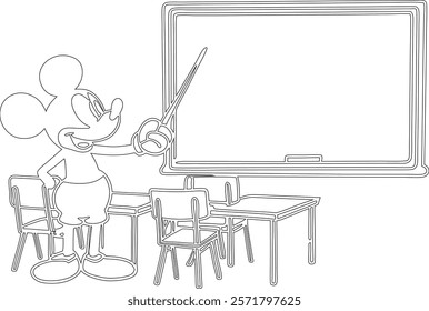 Simple outline drawing of a mickey-mouse-standing-in-front-of-a-chalkboard--te.  perfect for coloring, crafting, and educational use