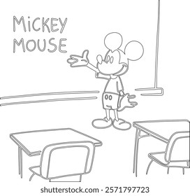 Simple outline drawing of a mickey-mouse-standing-in-front-of-a-chalkboard--te'  perfect for coloring, crafting, and educational use