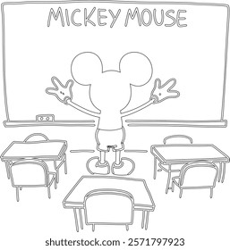 Simple outline drawing of a mickey-mouse-standing-in-front-of-a-chalkboard--te'  perfect for coloring, crafting, and educational use